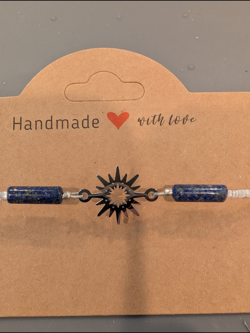 Sodalite Beaded Bracelet with Silver Sunburst Pendant, White Seed Beads, Boho